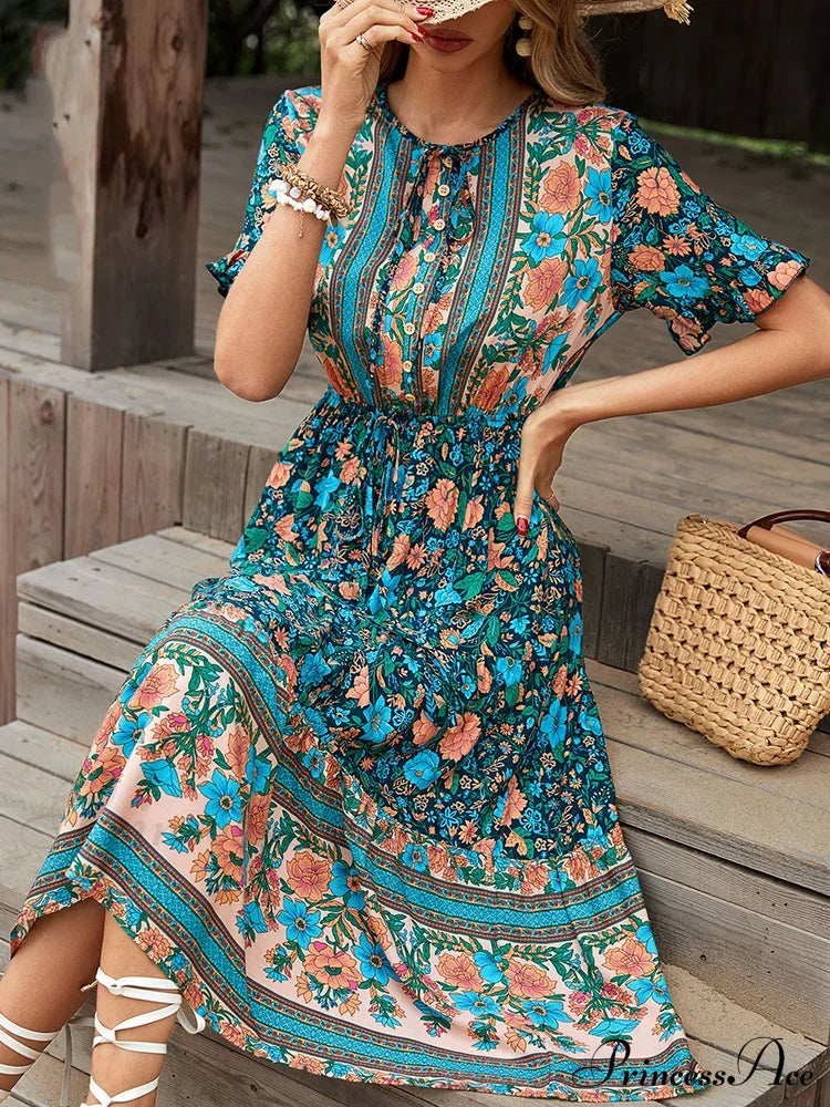 Vintage Round Neck A-Line Boho Dress