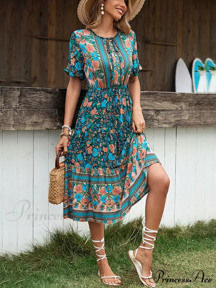 Vintage Round Neck A-Line Boho Dress