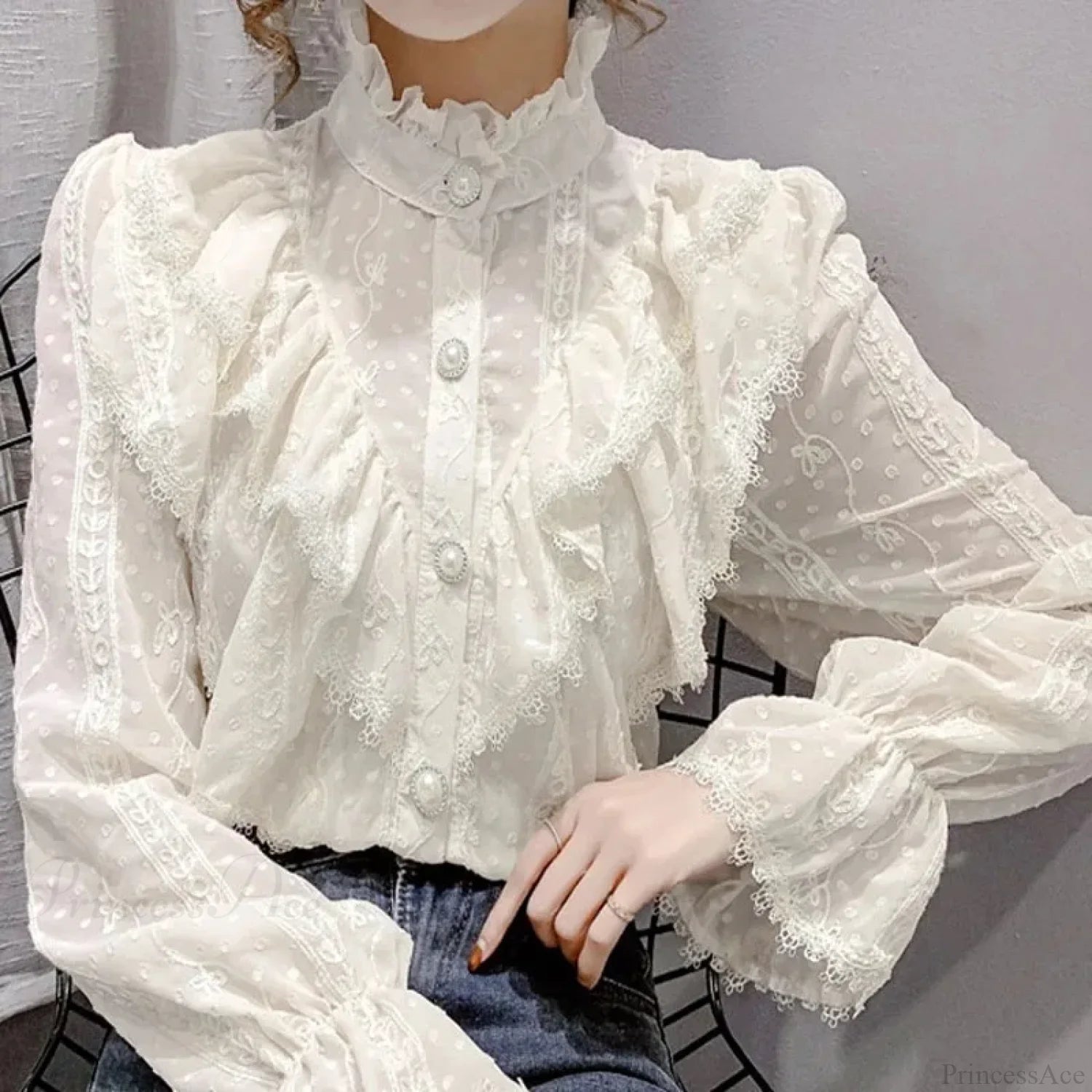 Vintage Ruffled Lace White Shirt Long Sleeve Casual Blouse APRICOT / S blouse-250126