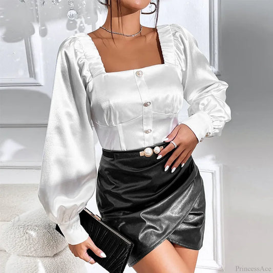 Vintage Satin Loose Long Sleeve Blouse Blusas WHITE / S blouse-250126