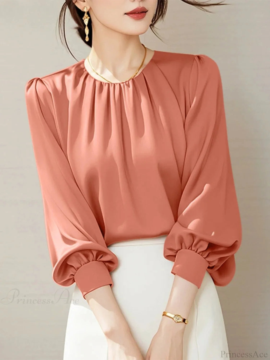 Vintage Satin Pleating Blouse Casual Office Blouse Pink / S blouse-250126