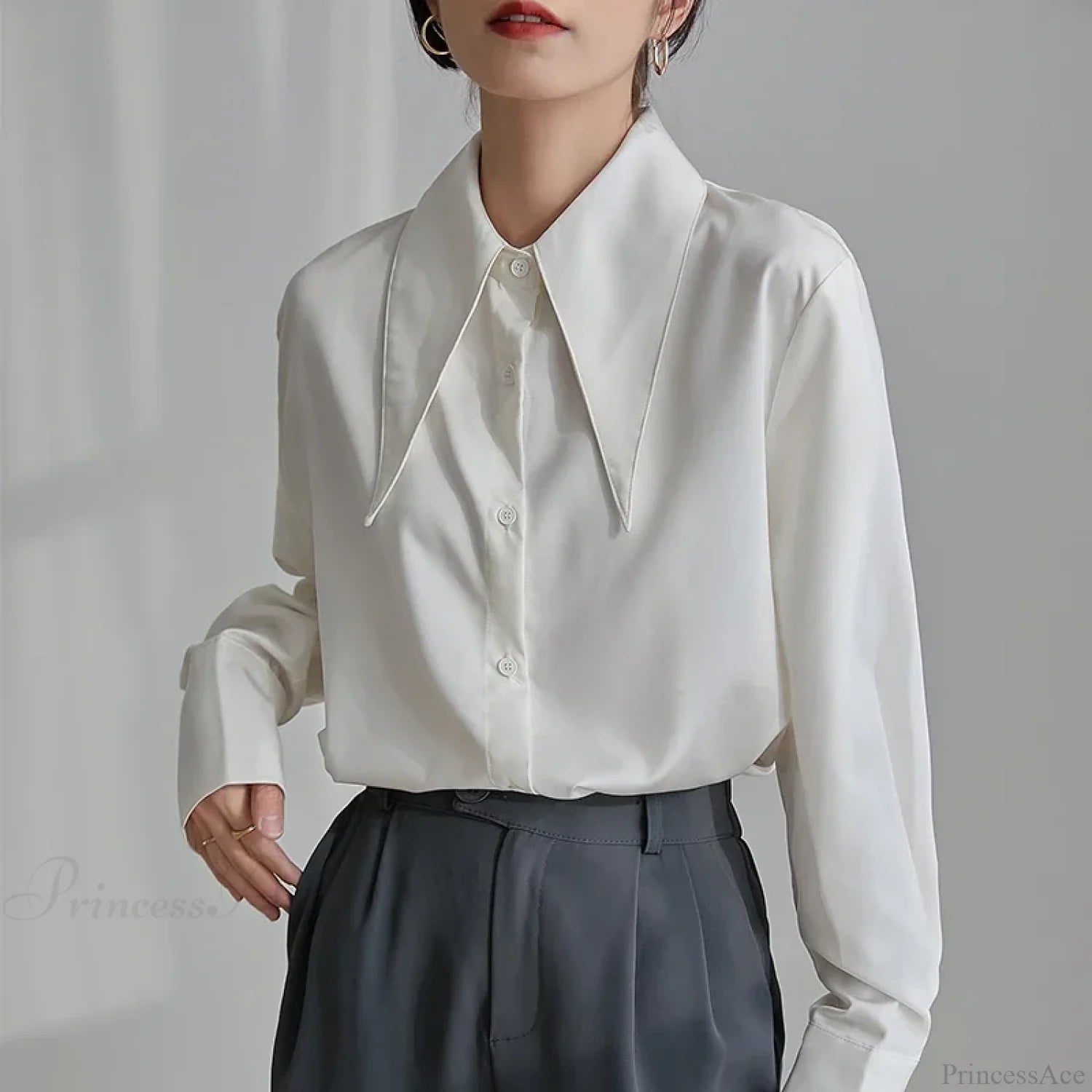 Vintage Satin Silk Turn Down Collar Blouse blouse-250223