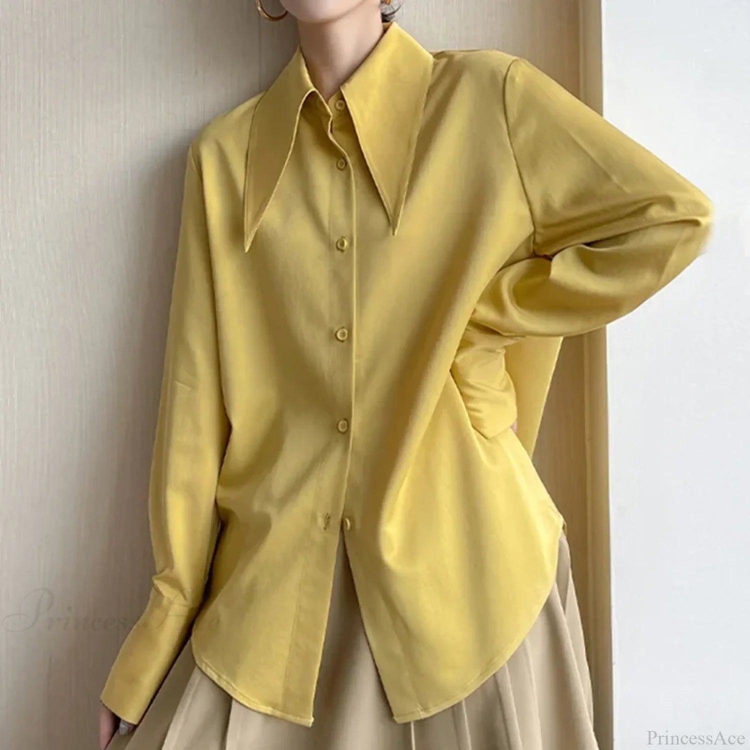 Vintage Satin Silk Turn Down Collar Blouse blouse-250223