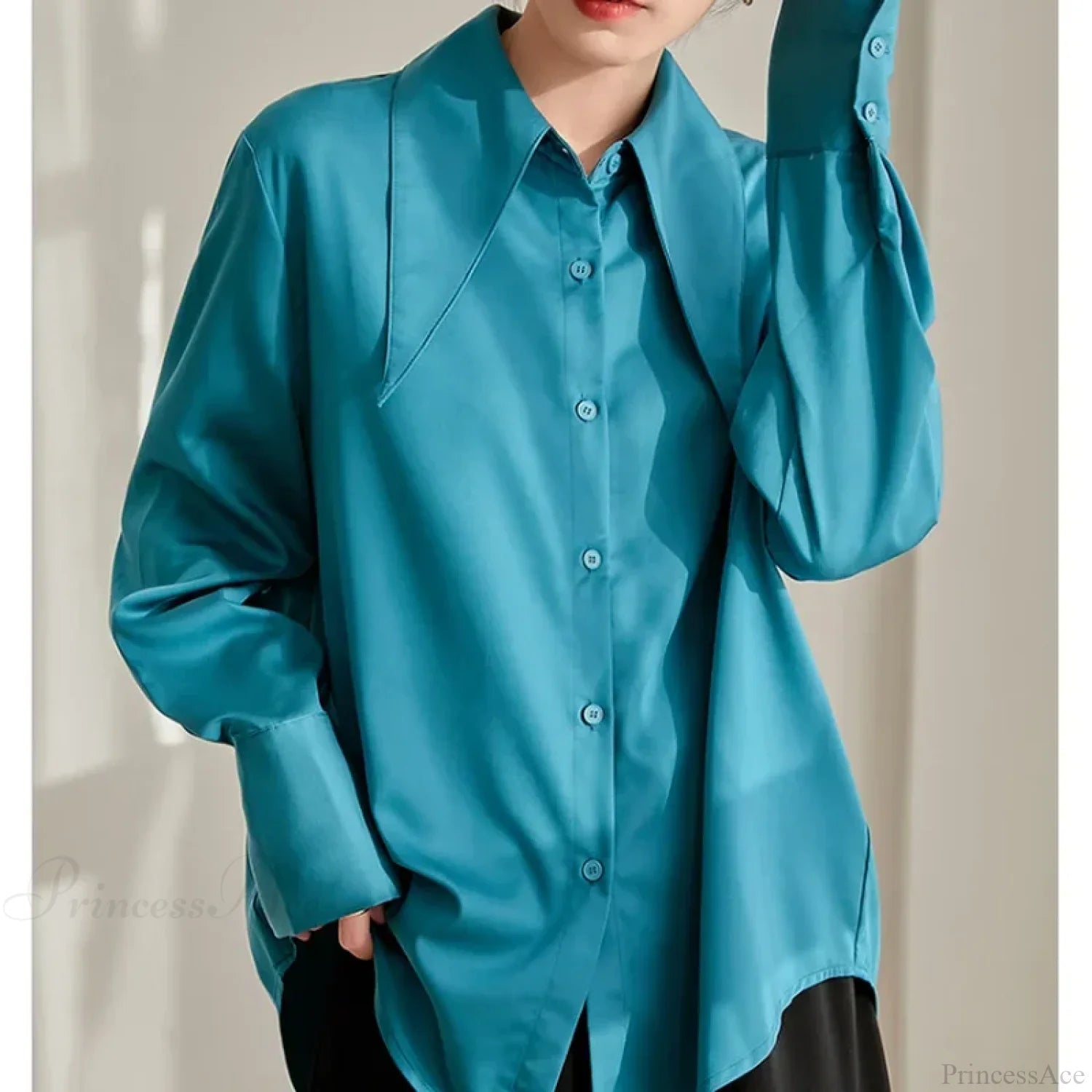 Vintage Satin Silk Turn Down Collar Blouse Blue / S blouse-250223