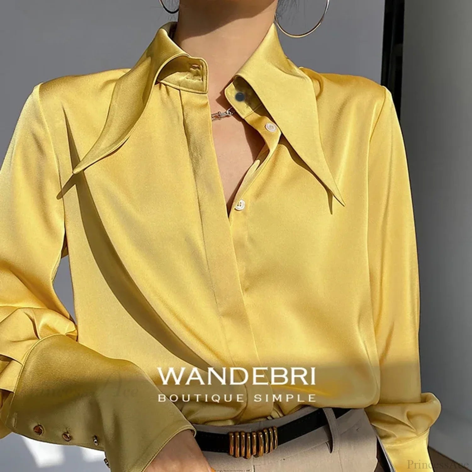 Vintage Satin Silk Turn Down Collar Blouse Yellow / S blouse-250223