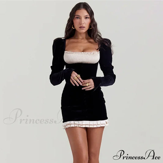 Vintage Sexy Elegant Square Neck Puff Sleeve Bodycon Mini Dress Black / S