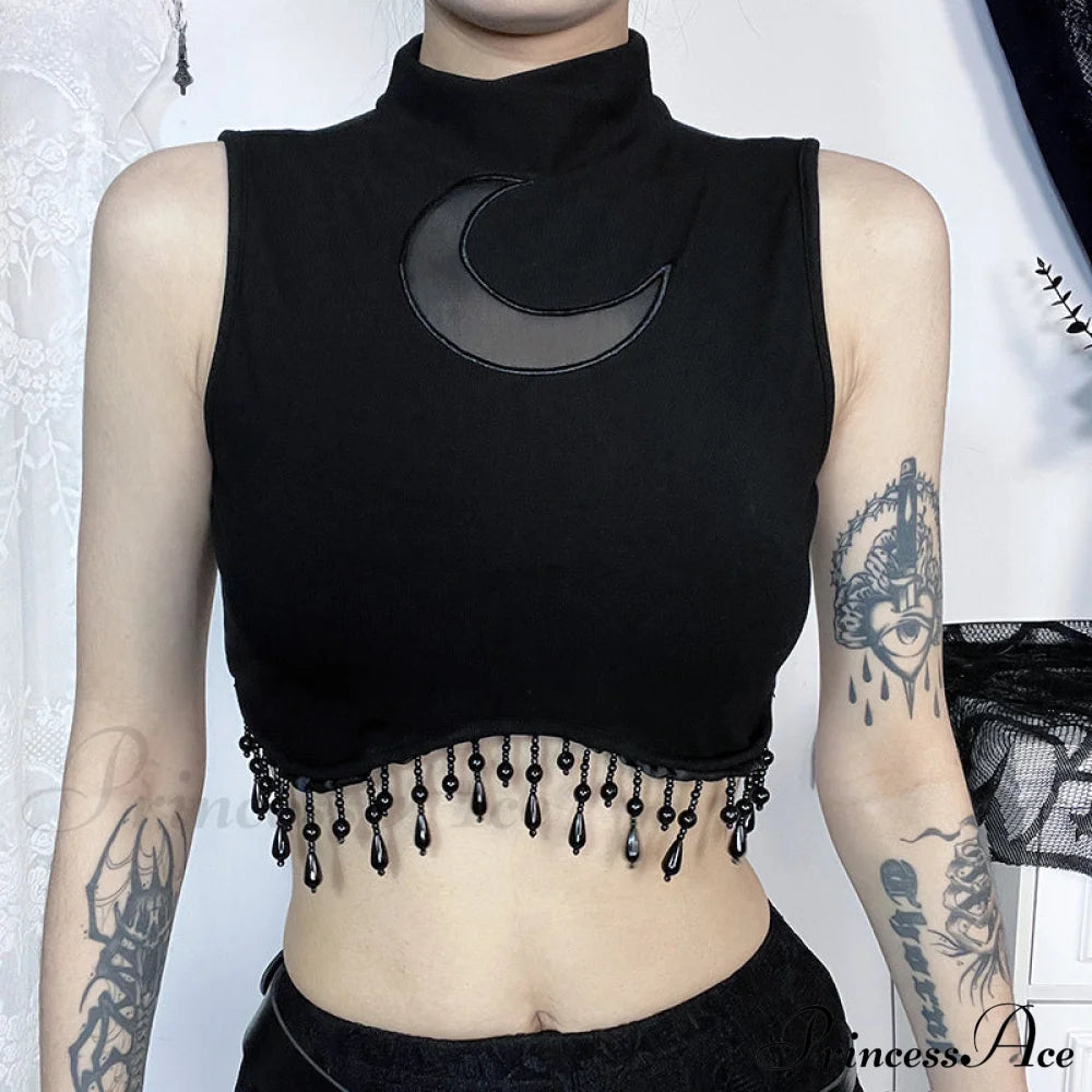 Vintage Sexy Goth Moon Lace See Through Sleeveless Crop Top Black / S Halloween