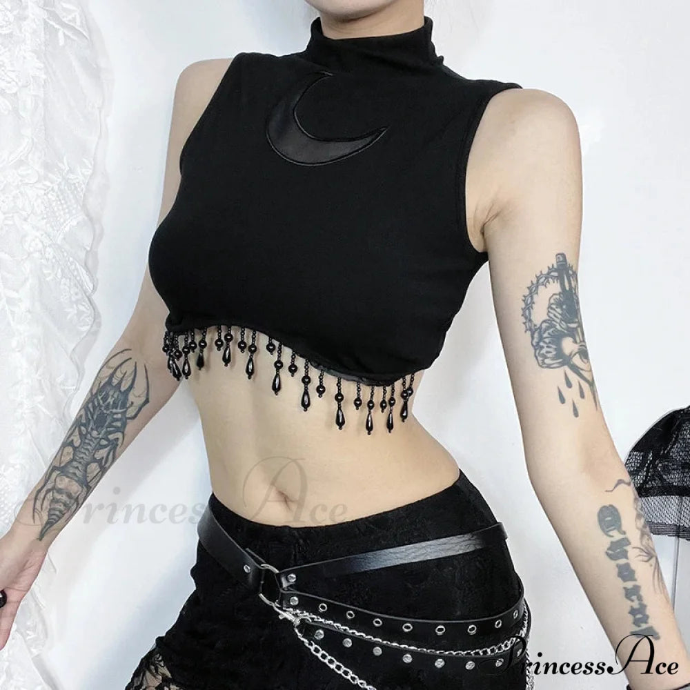 Vintage Sexy Goth Moon Lace See Through Sleeveless Crop Top Halloween