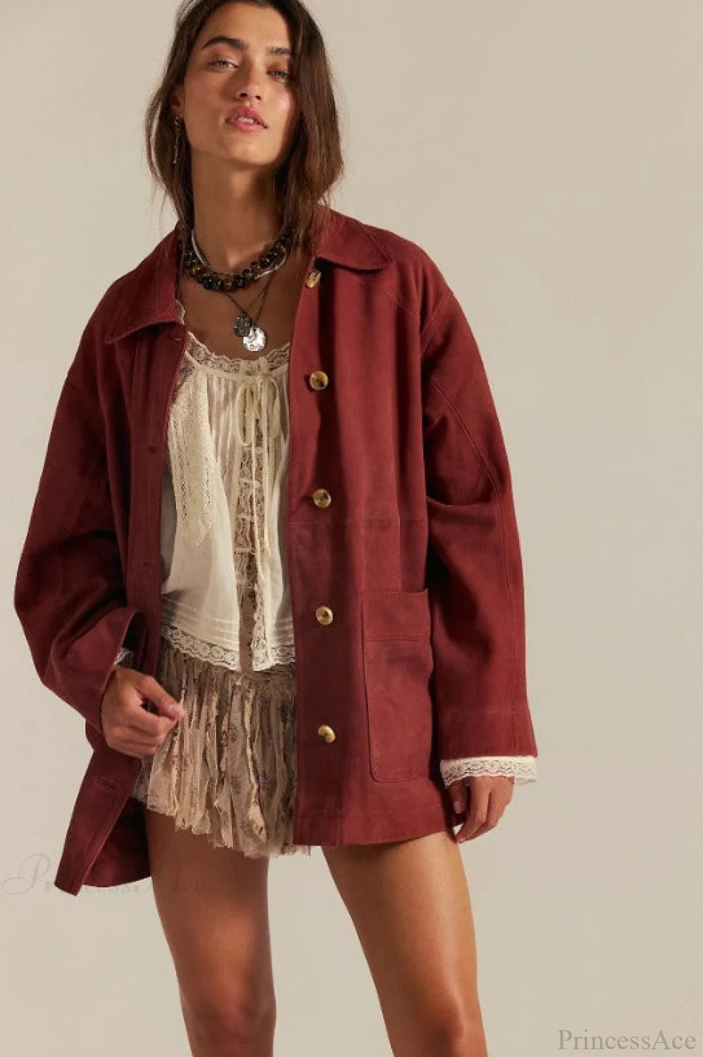 Vintage Simple Suede Single Breasted Jacket Crimson / S