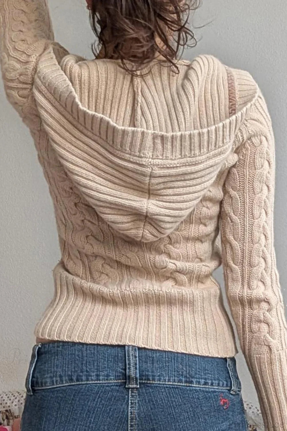 Vintage Solid Hooded Cropped Waist Button Long Sleeve Sweater