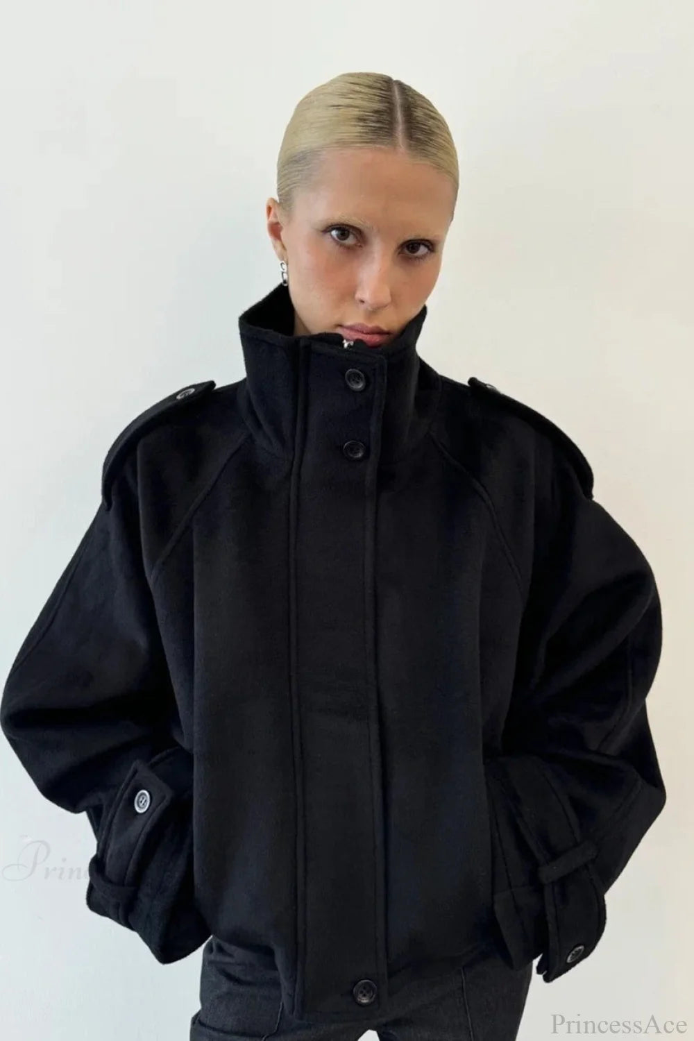 Vintage Stand Collar Buttoned Short Wool Coat Black / S