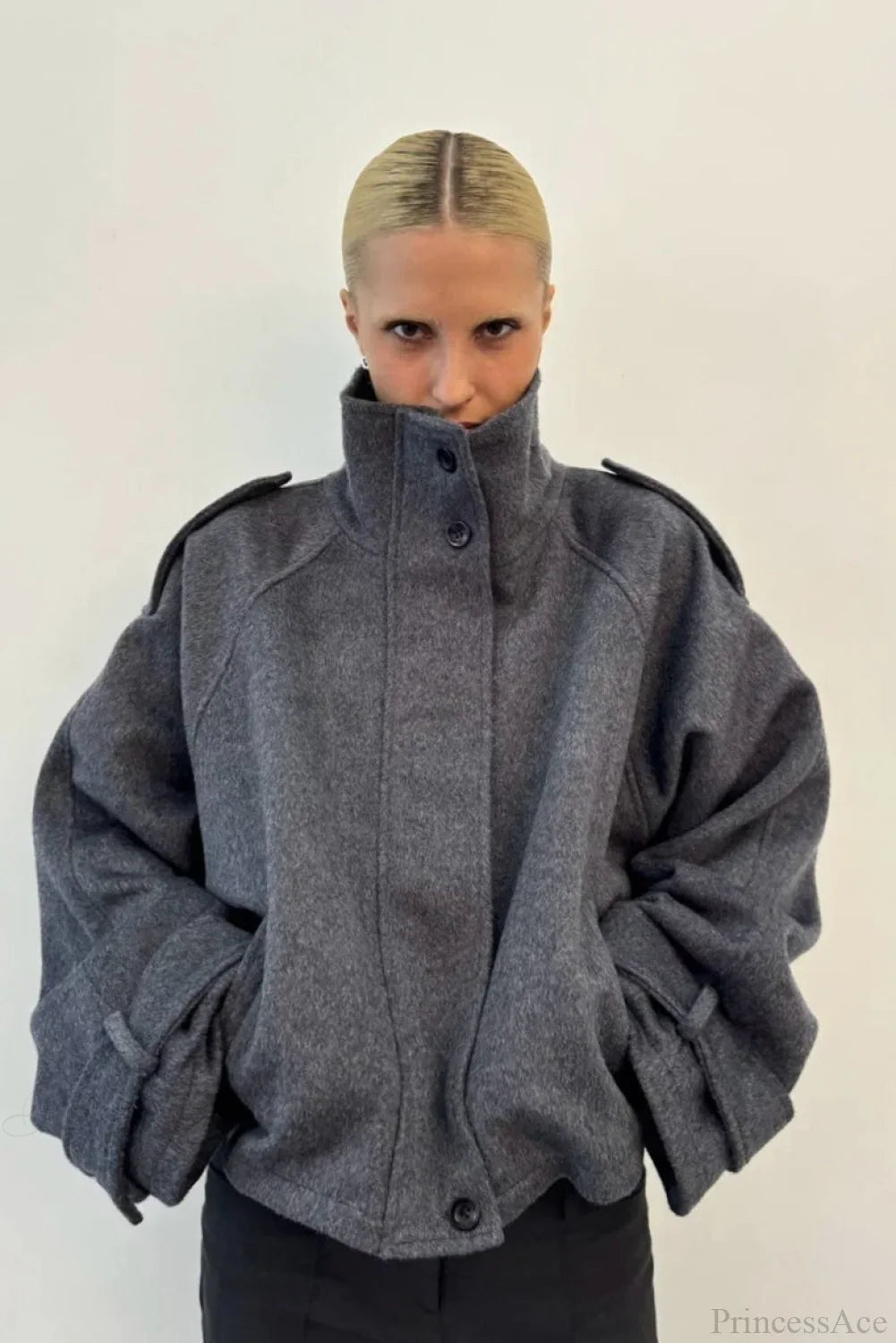 Vintage Stand Collar Buttoned Short Wool Coat Grey / S