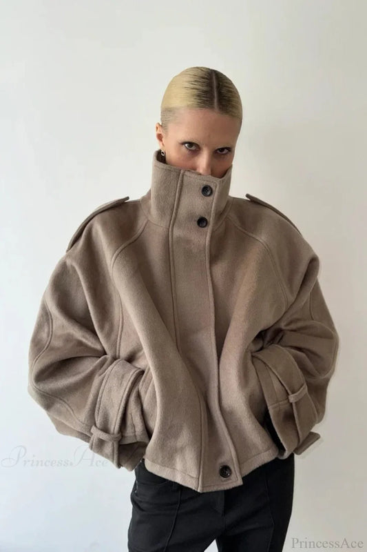 Vintage Stand Collar Buttoned Short Wool Coat Khaki / S