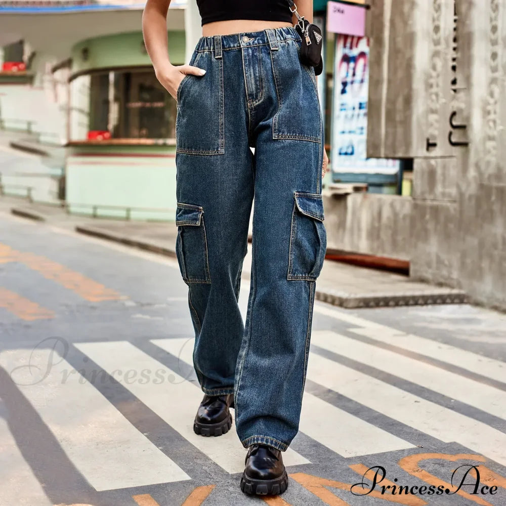 Vintage Streetwear High Waist Women American Fashion Blue Wide Leg Trouser Female Baggy Straight