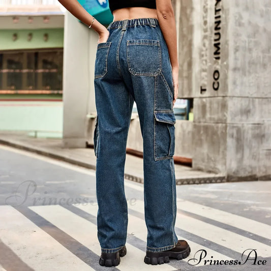 Vintage Streetwear High Waist Women American Fashion Blue Wide Leg Trouser Female Baggy Straight