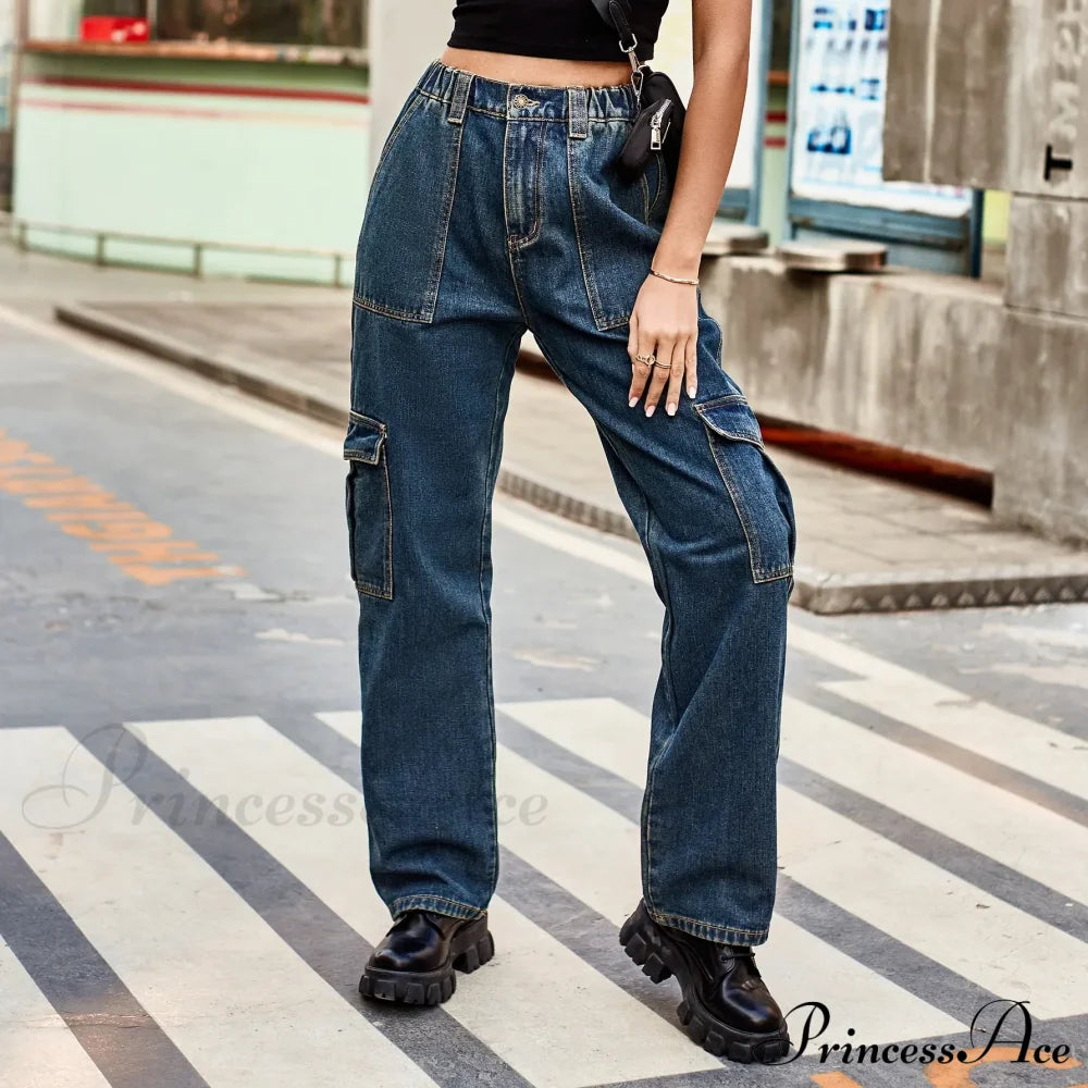 Vintage Streetwear High Waist Women American Fashion Blue Wide Leg Trouser Female Baggy Straight