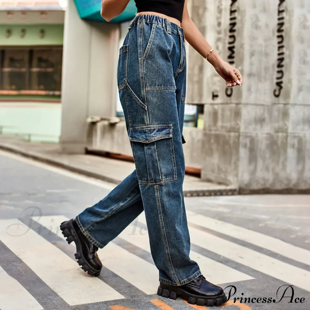 Vintage Streetwear High Waist Women American Fashion Blue Wide Leg Trouser Female Baggy Straight