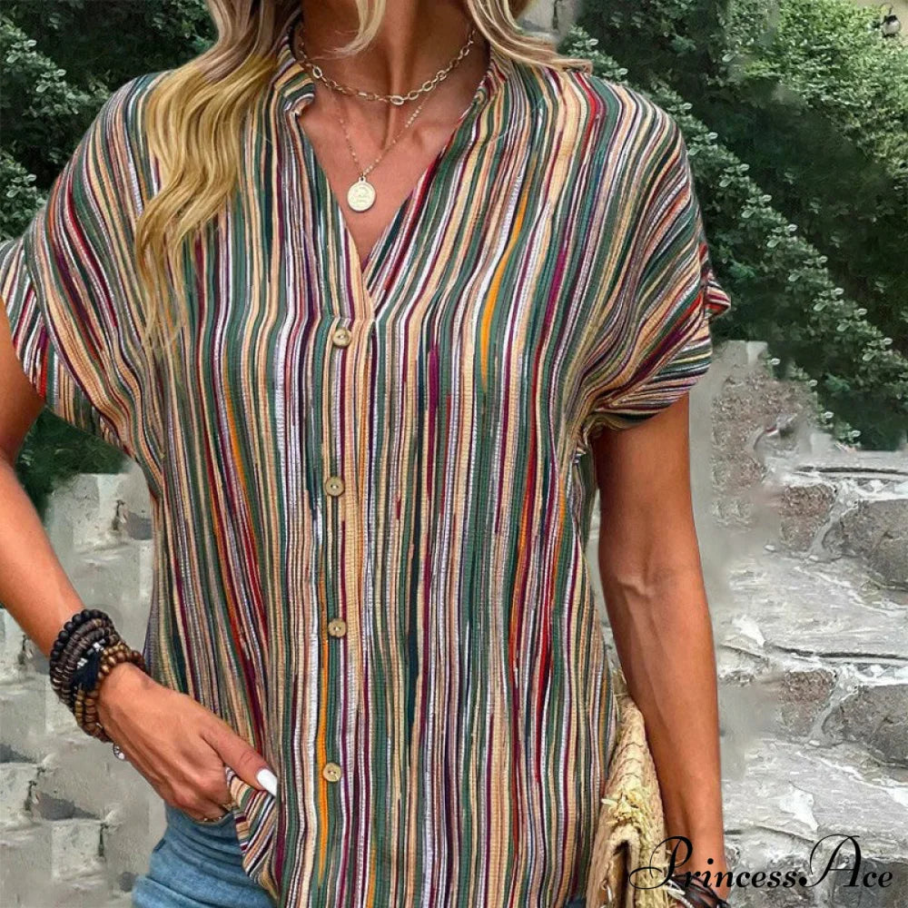 Vintage Striped Casual Blouse Blouses