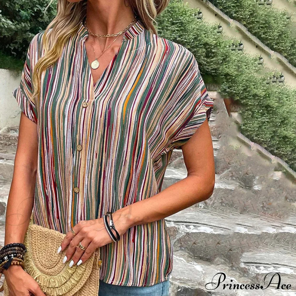 Vintage Striped Casual Blouse Blouses