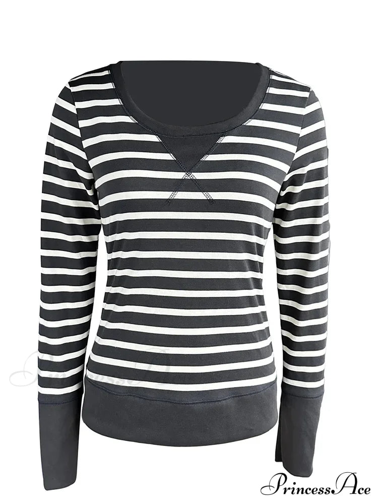 Vintage Striped Print Knitted Long Sleeve Slim Fit T-Shirts