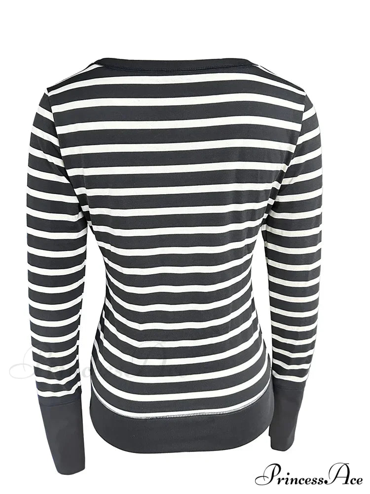 Vintage Striped Print Knitted Long Sleeve Slim Fit T-Shirts