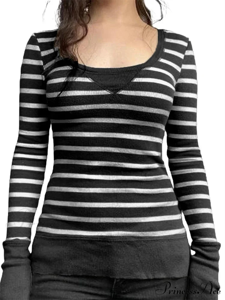 Vintage Striped Print Knitted Long Sleeve Slim Fit T-Shirts Black / S