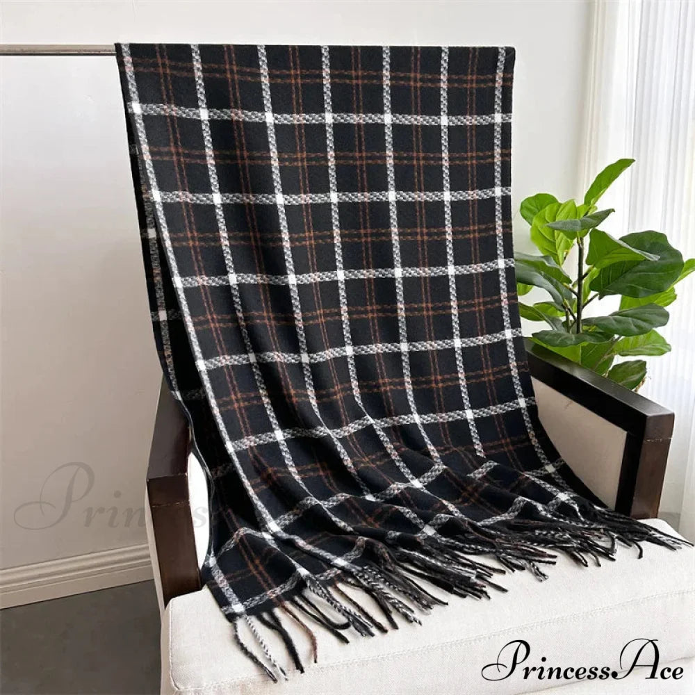 Vintage Style Cashmere Plaid Scarf - Unisex Winter Shawl Wrap Black Scarfs-L