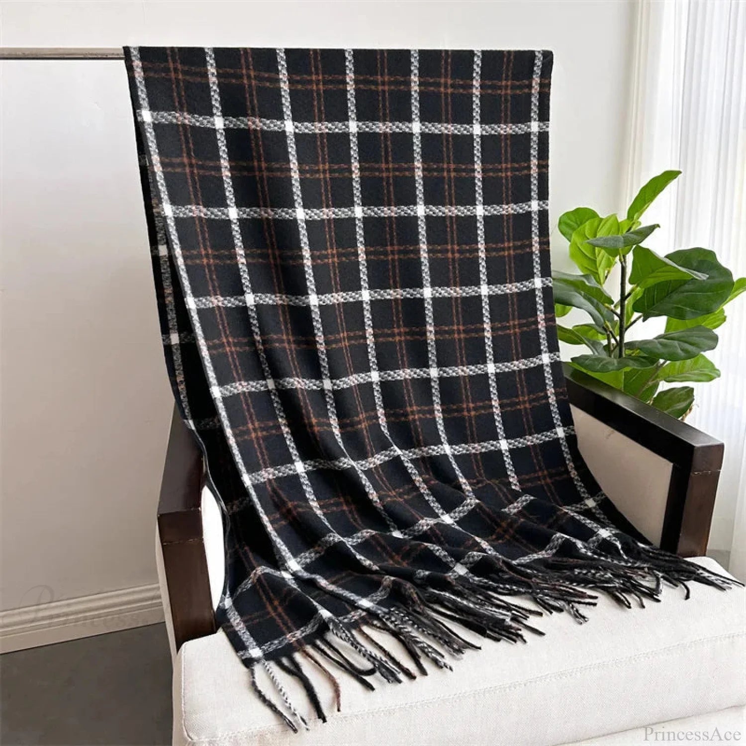 Vintage Style Cashmere Plaid Scarf - Unisex Winter Shawl Wrap Black Scarfs-L
