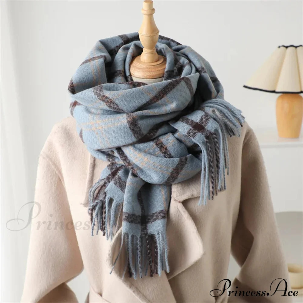 Vintage Style Cashmere Plaid Scarf - Unisex Winter Shawl Wrap Blue Scarfs-L