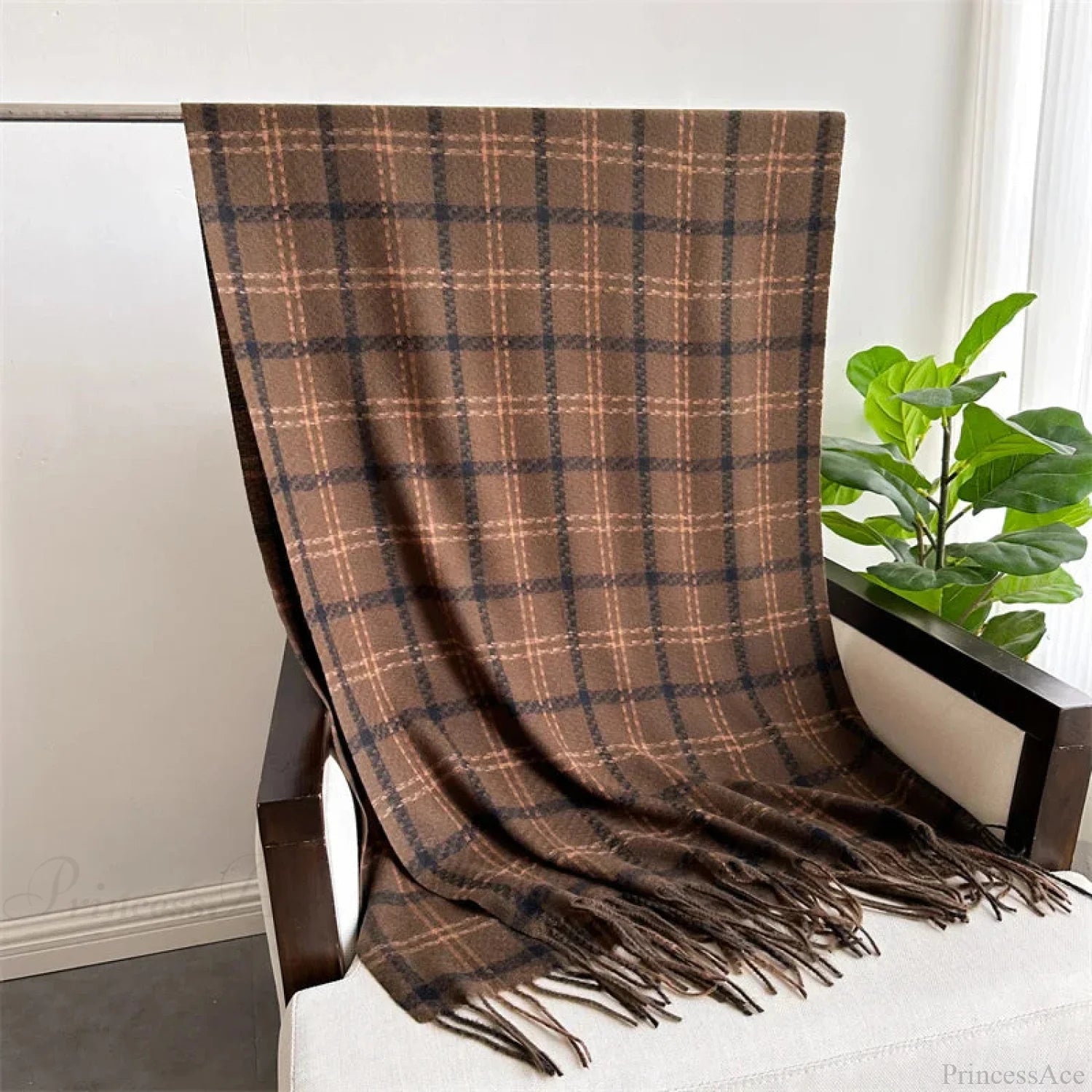 Vintage Style Cashmere Plaid Scarf - Unisex Winter Shawl Wrap Brown Scarfs-L