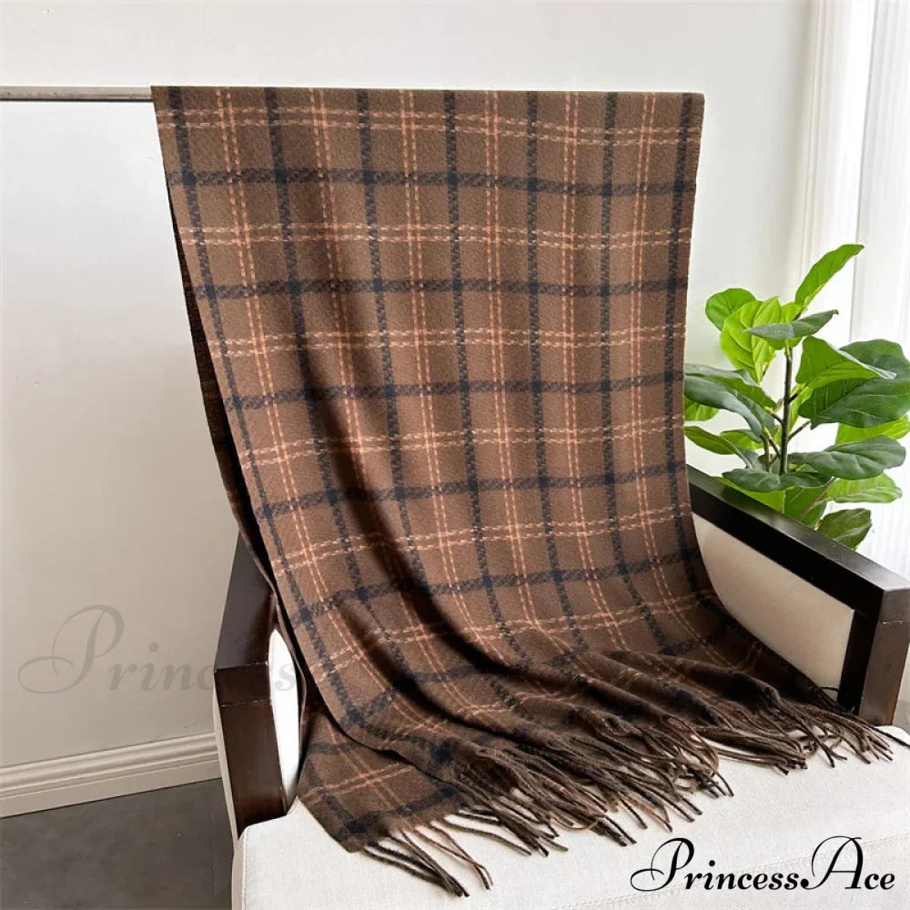 Vintage Style Cashmere Plaid Scarf - Unisex Winter Shawl Wrap Brown Scarfs-L