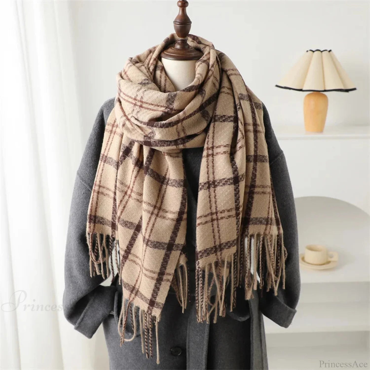 Vintage Style Cashmere Plaid Scarf - Unisex Winter Shawl Wrap Khaki Scarfs-L