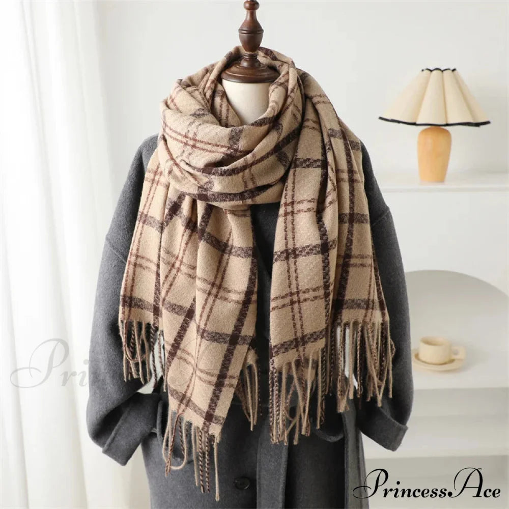 Vintage Style Cashmere Plaid Scarf - Unisex Winter Shawl Wrap Khaki Scarfs-L