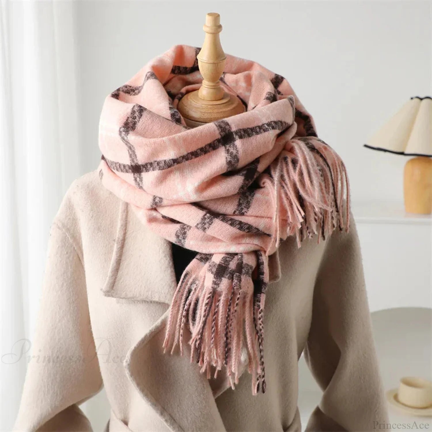 Vintage Style Cashmere Plaid Scarf - Unisex Winter Shawl Wrap Pink Scarfs-L