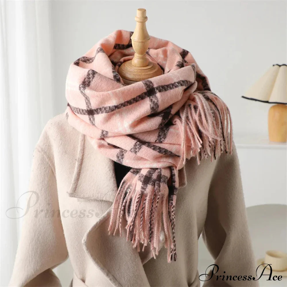 Vintage Style Cashmere Plaid Scarf - Unisex Winter Shawl Wrap Pink Scarfs-L