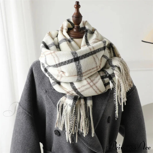 Vintage Style Cashmere Plaid Scarf - Unisex Winter Shawl Wrap White Scarfs-L