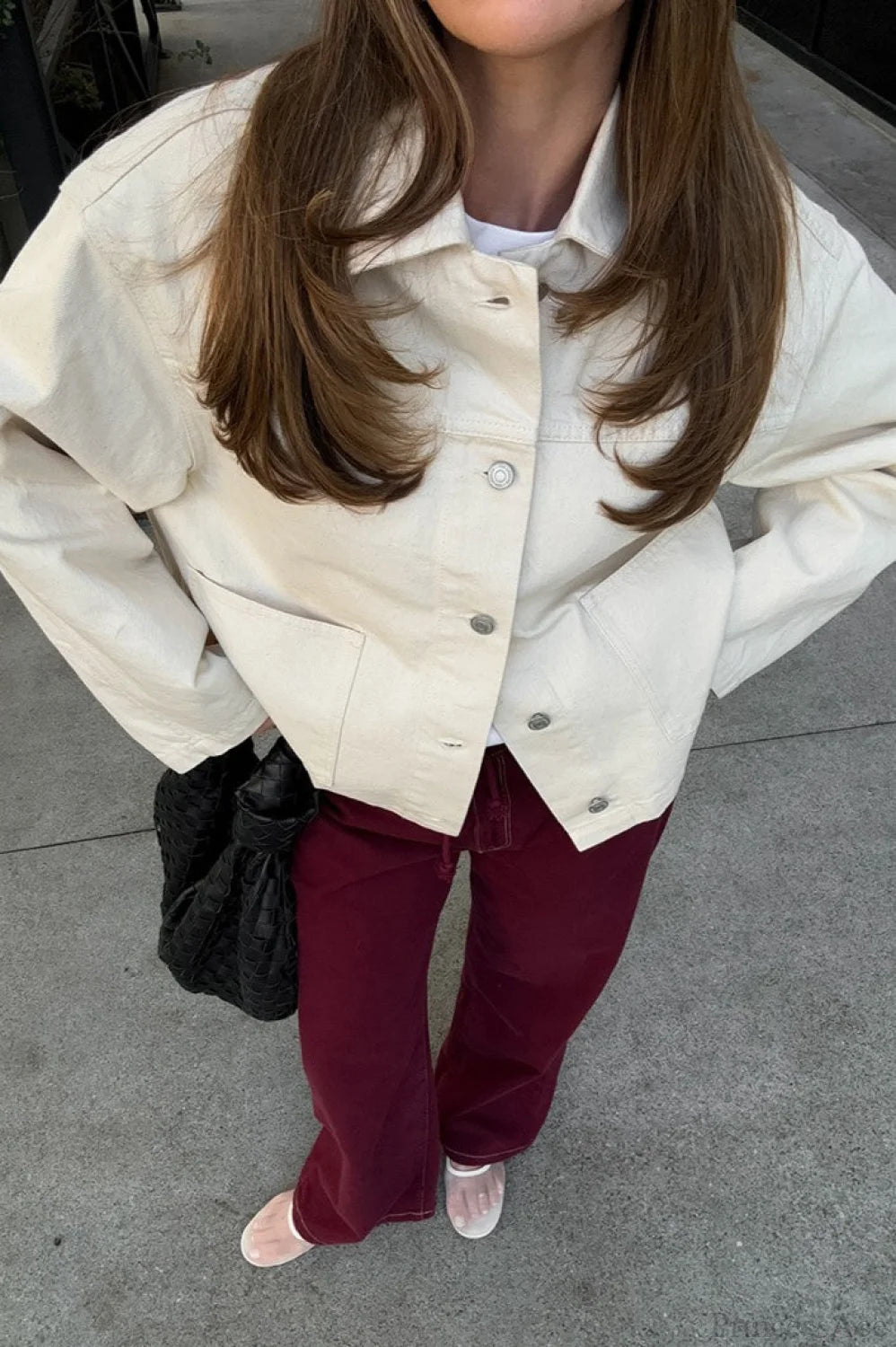 Vintage Twill Denim Solid Loose Lapel Jacket Apricot / S