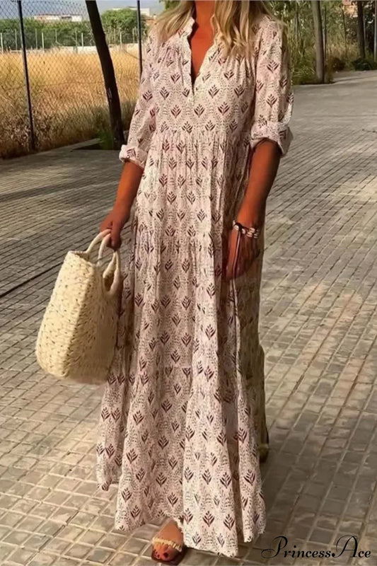 Vintage V-Neck Flower Printed Maxi Boho Dress