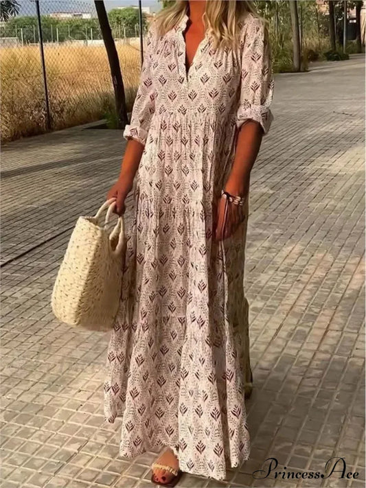 Vintage V-Neck Flower Printed Maxi Boho Dress