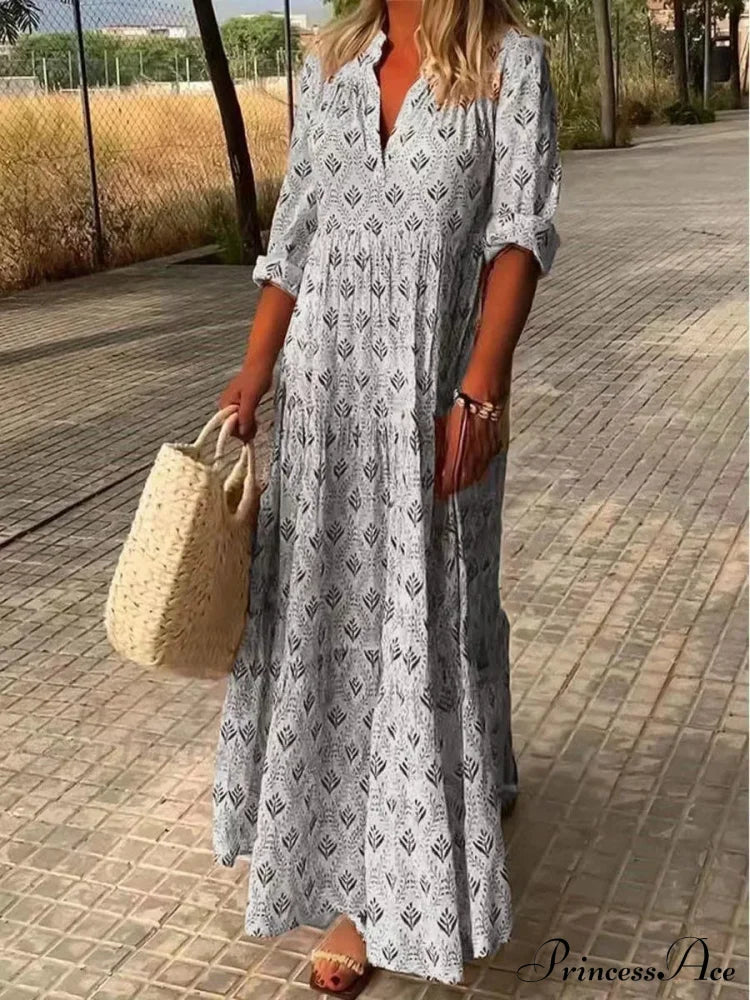 Vintage V-Neck Flower Printed Maxi Boho Dress Gray / S