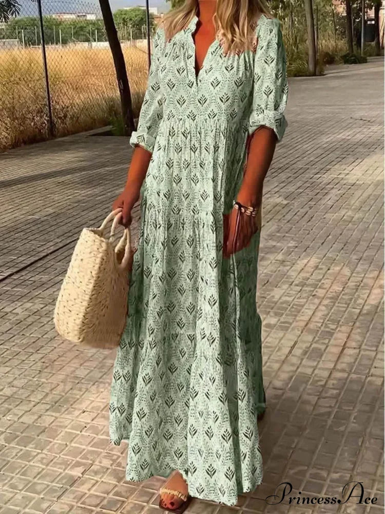 Vintage V-Neck Flower Printed Maxi Boho Dress Light Green / S