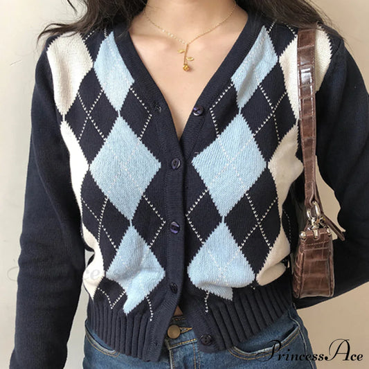 Vintage V-Neck Plaid Long Sleeve Cardigan