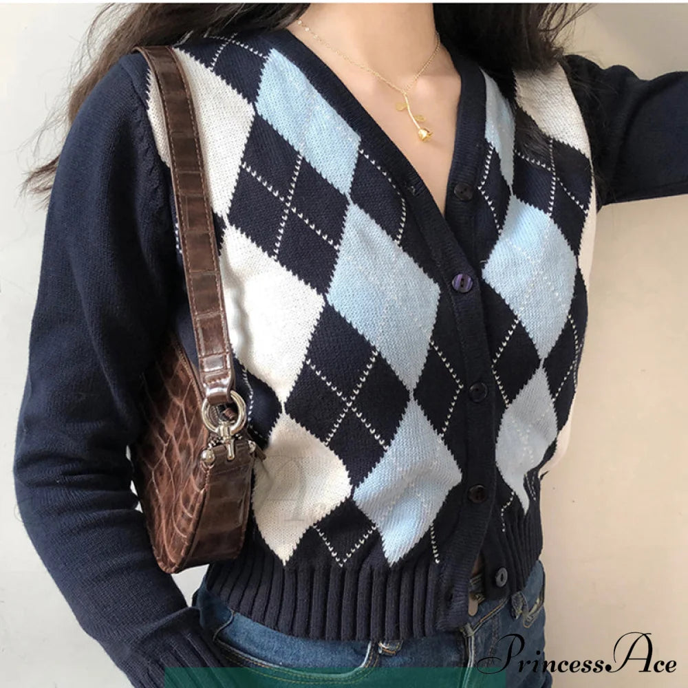 Vintage V-Neck Plaid Long Sleeve Cardigan