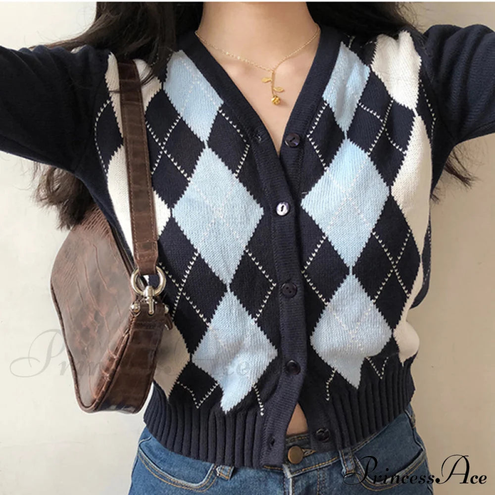 Vintage V-Neck Plaid Long Sleeve Cardigan