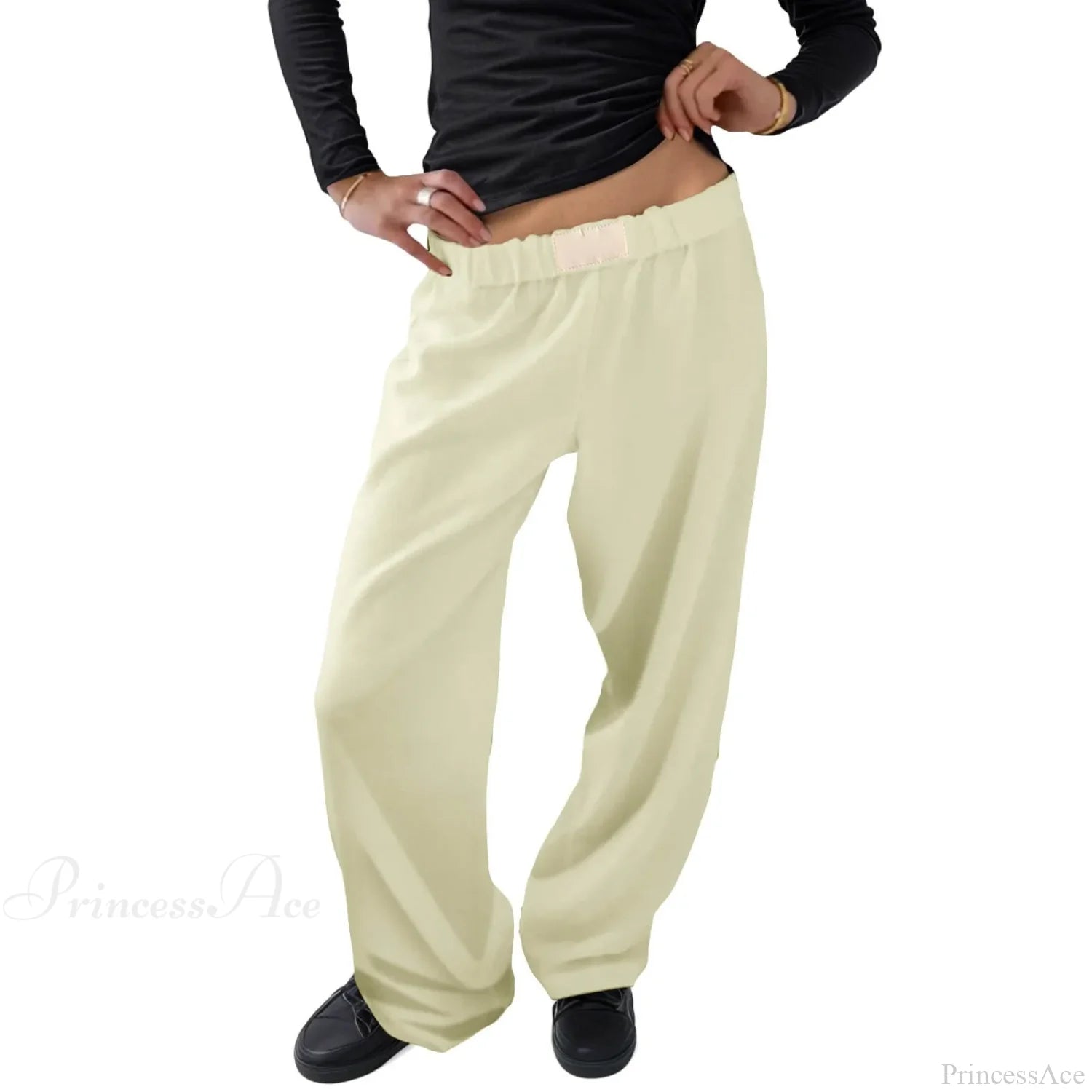 Vintage Wide Leg Drawstring High Waist Pants Light Yellow / XS