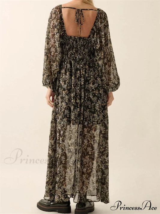 Vintage Women Bohemian Floral Print Summer Sleeve V Neck High Waist Chiffon Flowy Vestidos