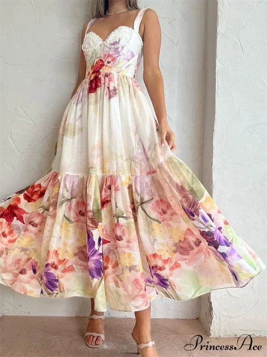 Vintage Women High Waist Sleeveless Strap Lace Push Up Flower Print Summer Beach Female Vestido