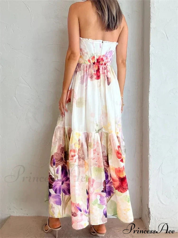 Vintage Women High Waist Sleeveless Strap Lace Push Up Flower Print Summer Beach Female Vestido