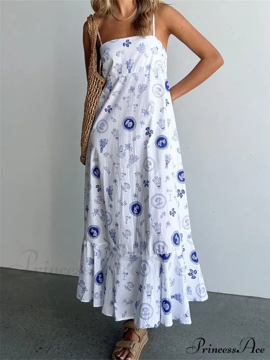 Vintage Women Summer Sleeveless Spaghetti Strap Floral Print Party Loose Casual Square Neck