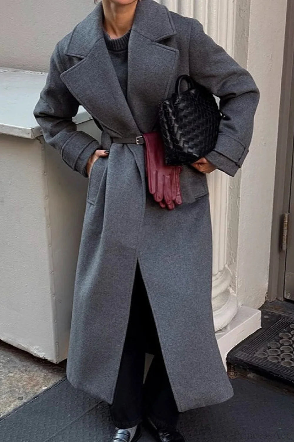 Vintage Wool Blend Notched Collar Oversized Elegant Overcoat Grey / S